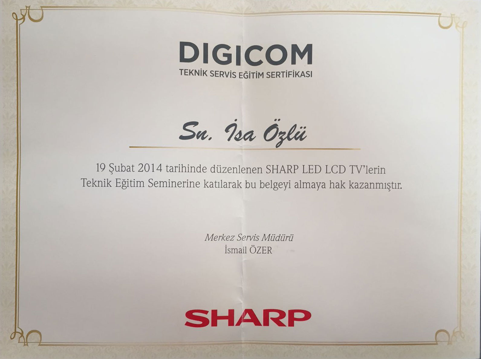 Sharp Yetkili Servis Belgesi
