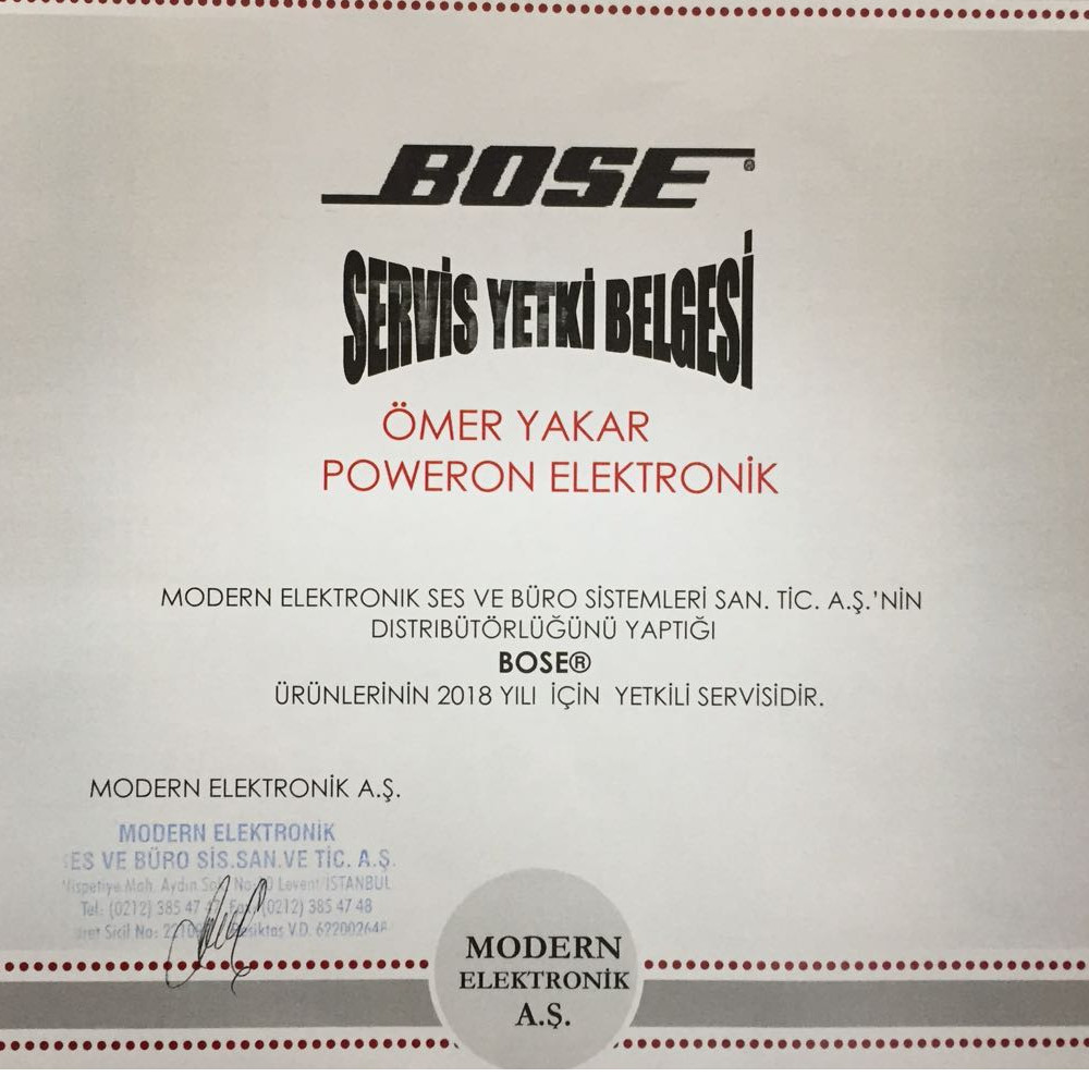 Bose Yetkili Servis Yetkinlik Belgesi